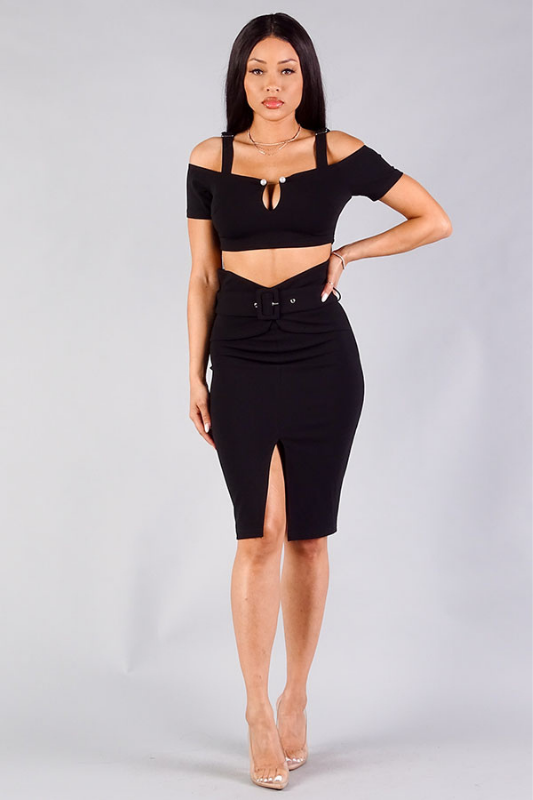 Black Crop Pearl Trim Midi Belted Skirt Set