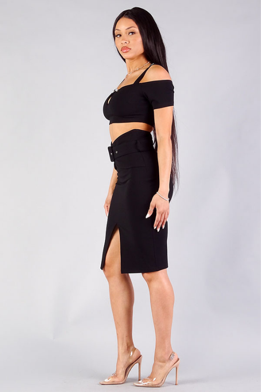 Black Crop Pearl Trim Midi Belted Skirt Set