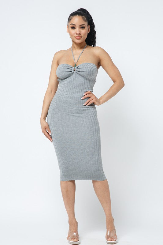 🩶Heather Grey Beaded Halter Dress🩶