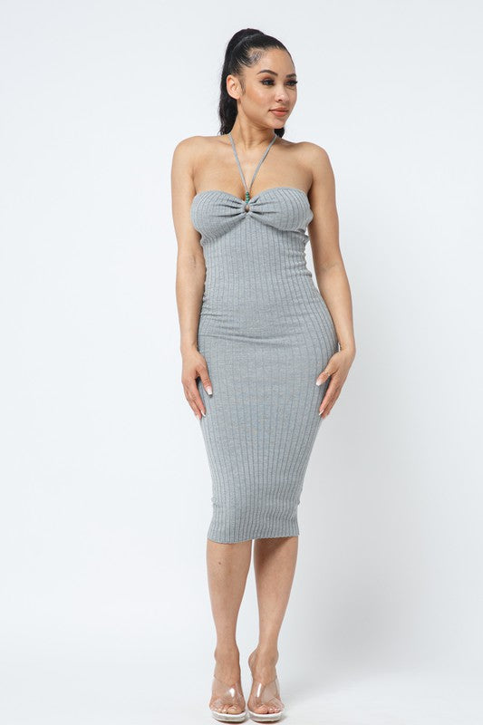 🩶Heather Grey Beaded Halter Dress🩶