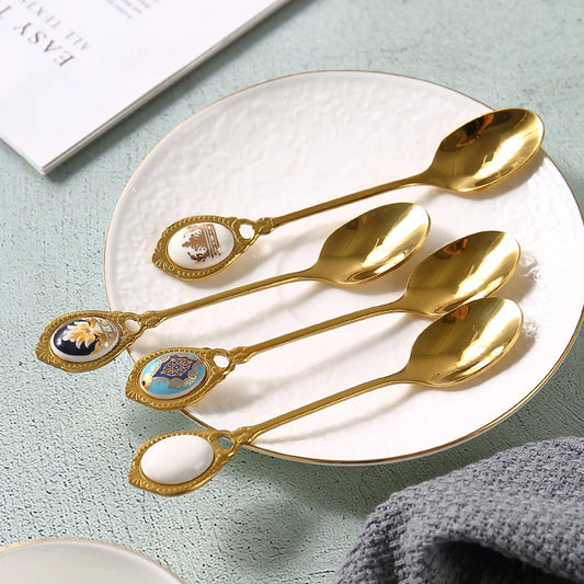 Retro Gold & Ceramic 4-Piece Teaspoon Set