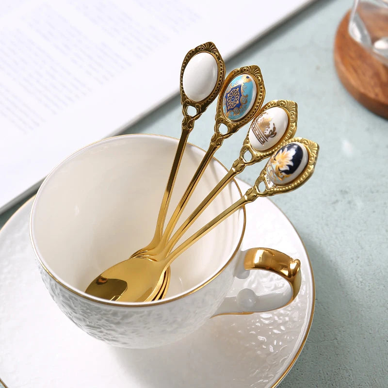 Retro Gold & Ceramic 4-Piece Teaspoon Set