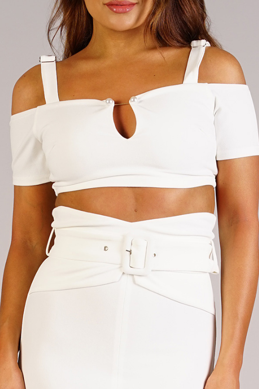 White Crop Pearl Trim Midi Belted Skirt Set