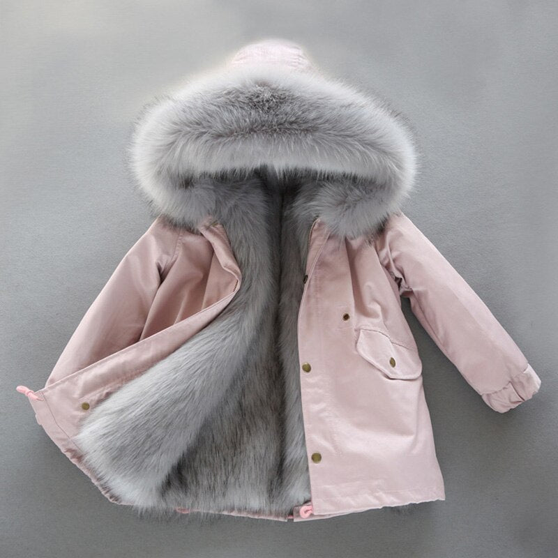 Kids Fur-Lined Warm Plush Parka Jacket