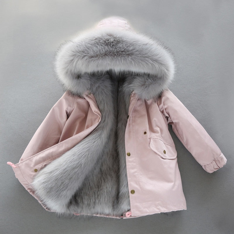 Kids Fur-Lined Warm Plush Parka Jacket