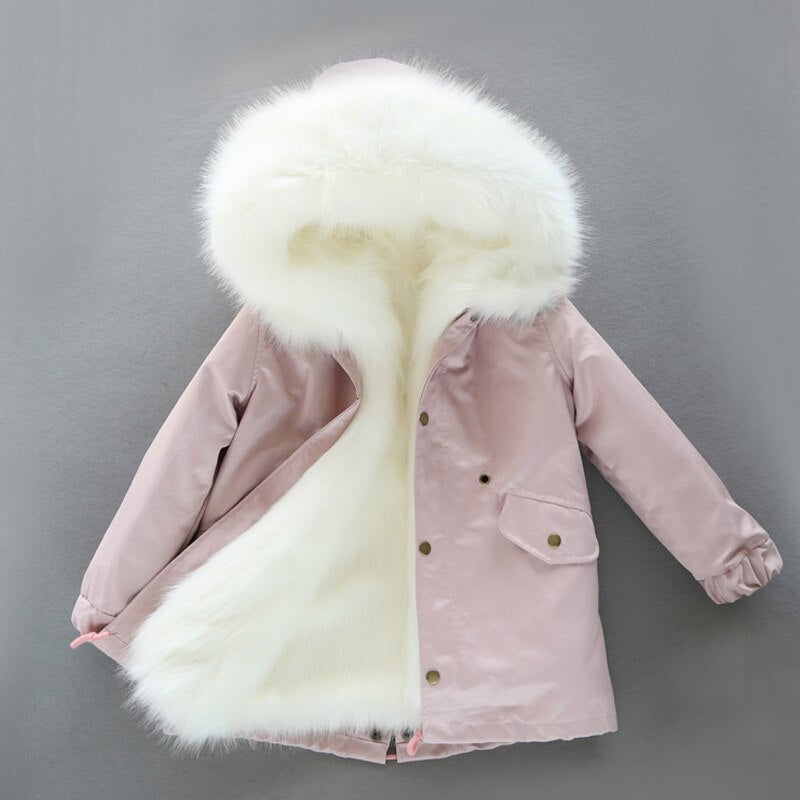 Kids Fur-Lined Warm Plush Parka Jacket