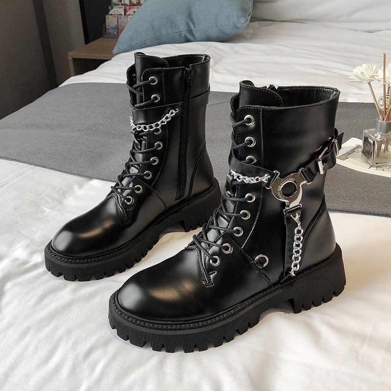 Women's Buckle & Chains Combat Boots