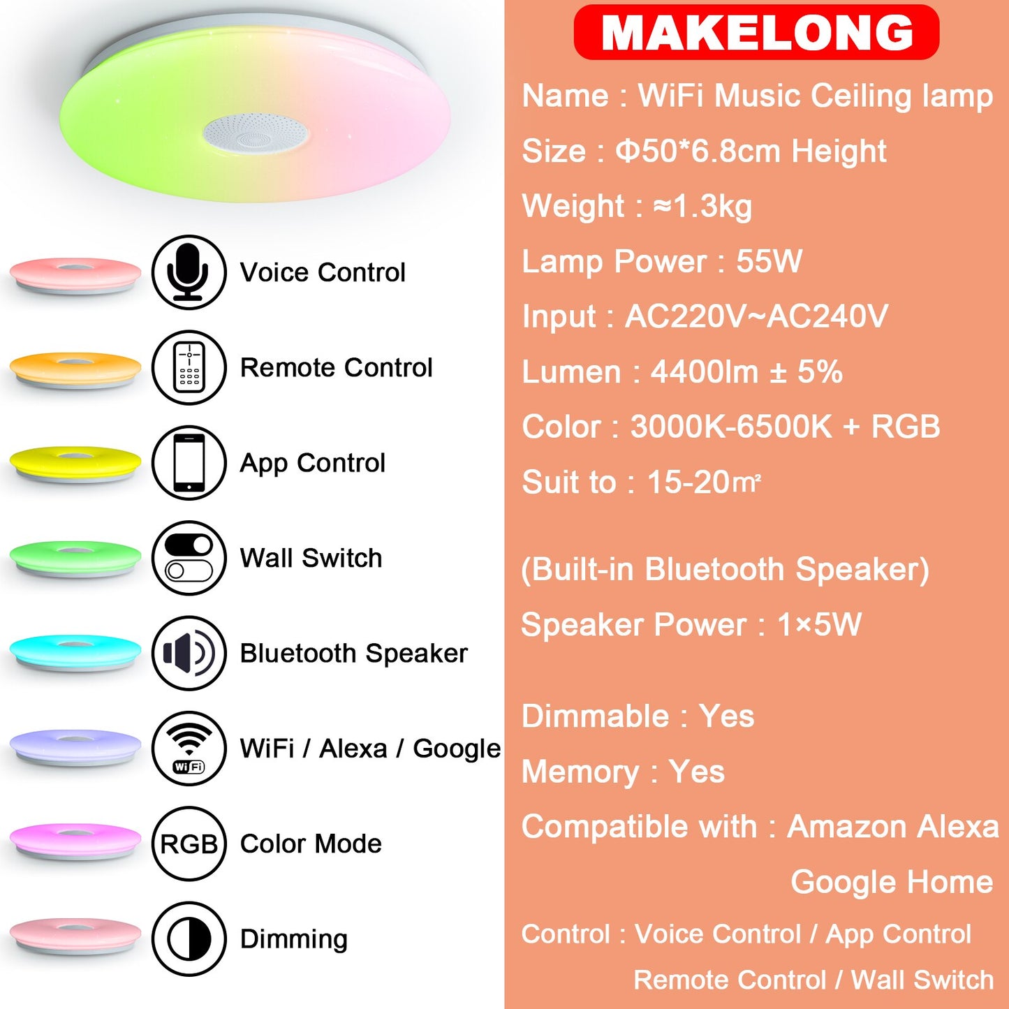 Color Changing Adjustable Voice Control Wifi Ceiling Lamp