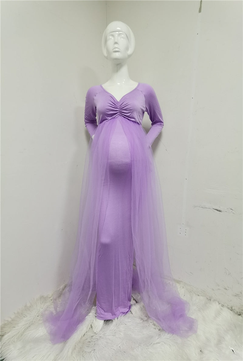 Stylish V Neck Chiffon Maternity Photoshoot Dress