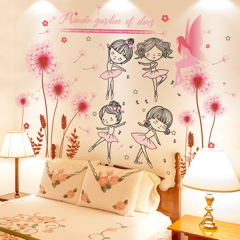 Dancing Flower Girls Kids Bedroom Wall Art Sticker Mural