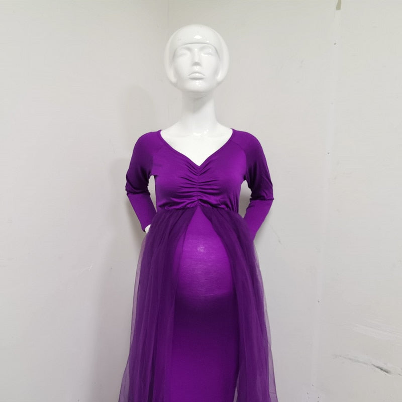 Stylish V Neck Chiffon Maternity Photoshoot Dress