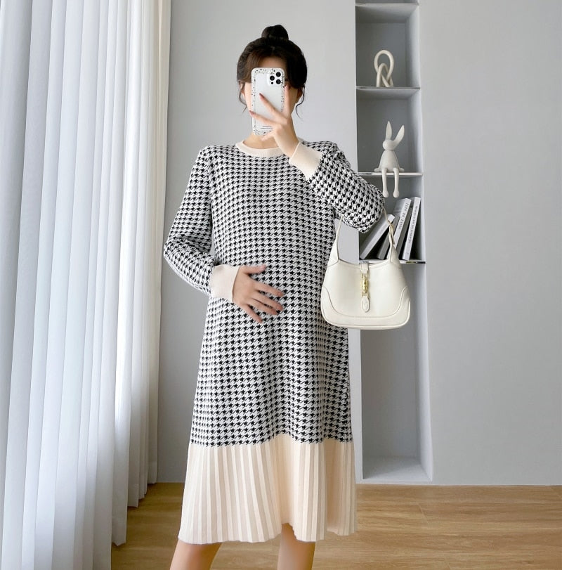 Plaid Solid Hem Maternity Dress