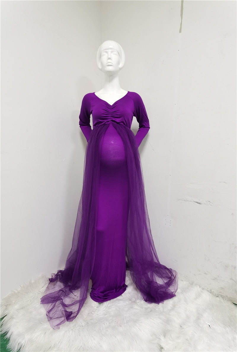 Stylish V Neck Chiffon Maternity Photoshoot Dress