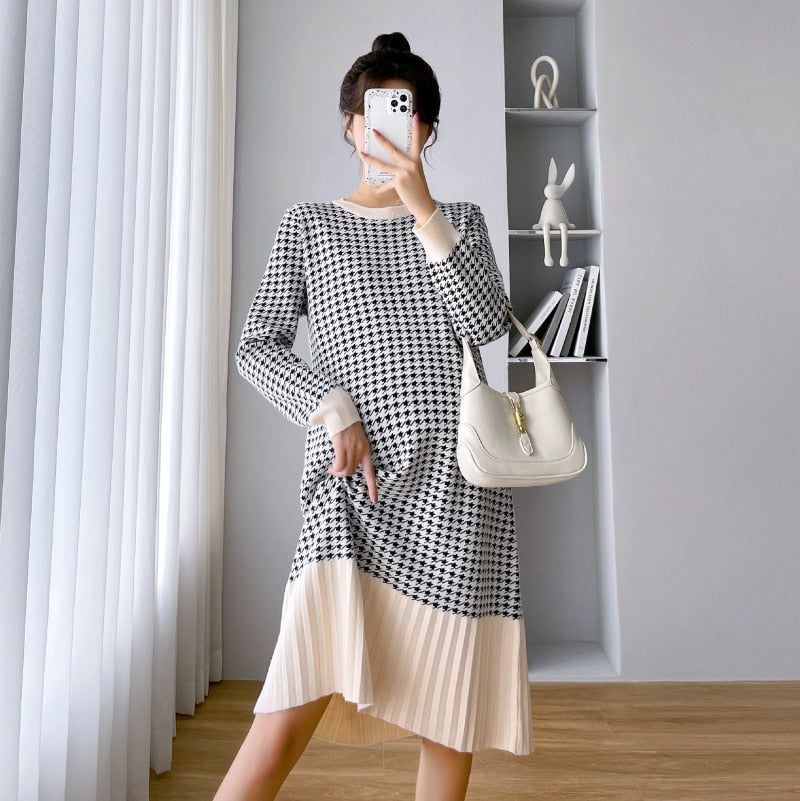 Plaid Solid Hem Maternity Dress